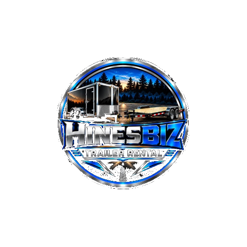 Two trailers with a forest background and bold text reading HinesBiz Trailer Rental.